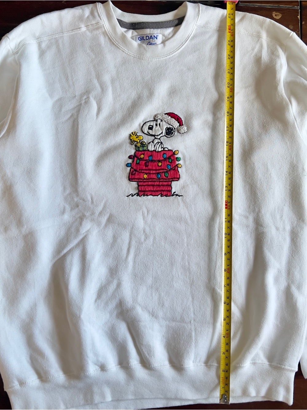 Hand Embroidered Snoopy Christmas sweatshirt | White Unisex Crewneck | Handmade - Picture 8 of 13